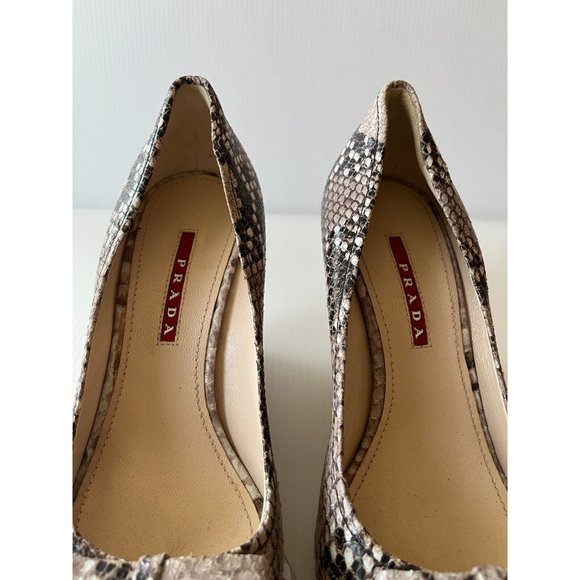 Prada Brown Leather Snakeskin Cork Wedges W/ Bows, Size 6.5 (US) 36.5 (EU) New! - Picture 5 of 11